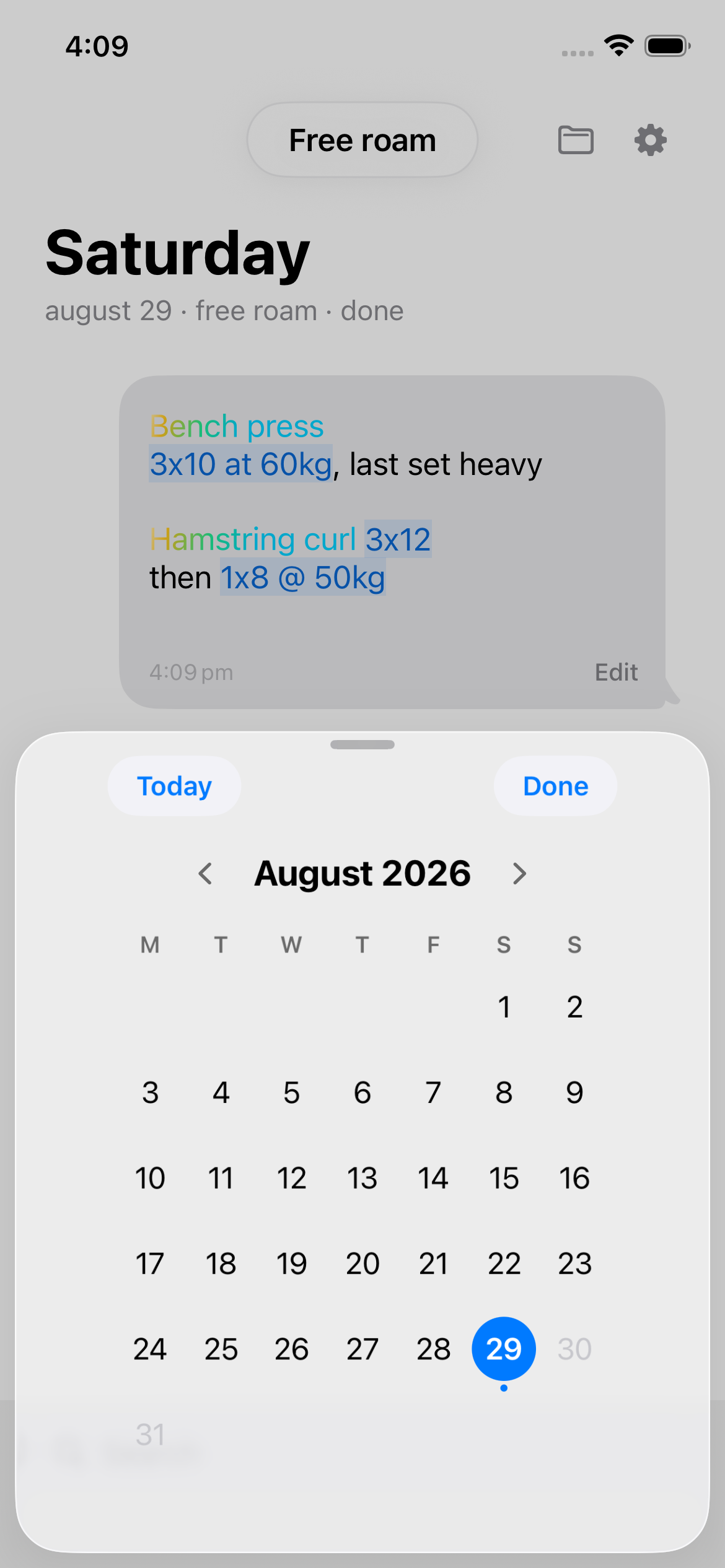 Twaka day page with the August 2026 calendar sheet open